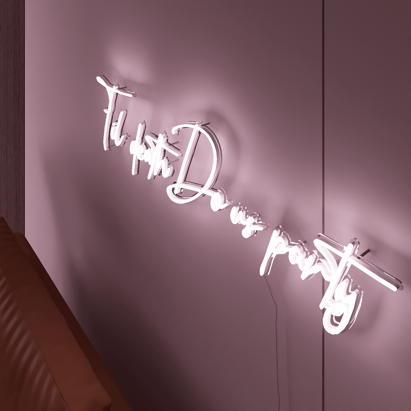 side-shot-of-illuminated-white-neon-sign-hanging-on-the-wall-at-night-til-death-do-us-party