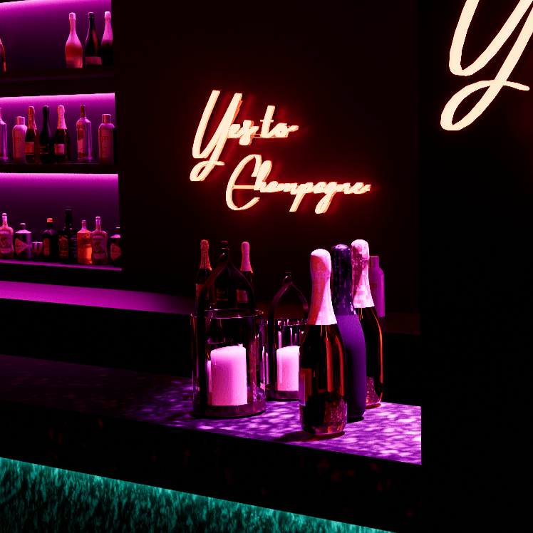 Oblique shot of lit neon lights in bar-Yes to Champagne