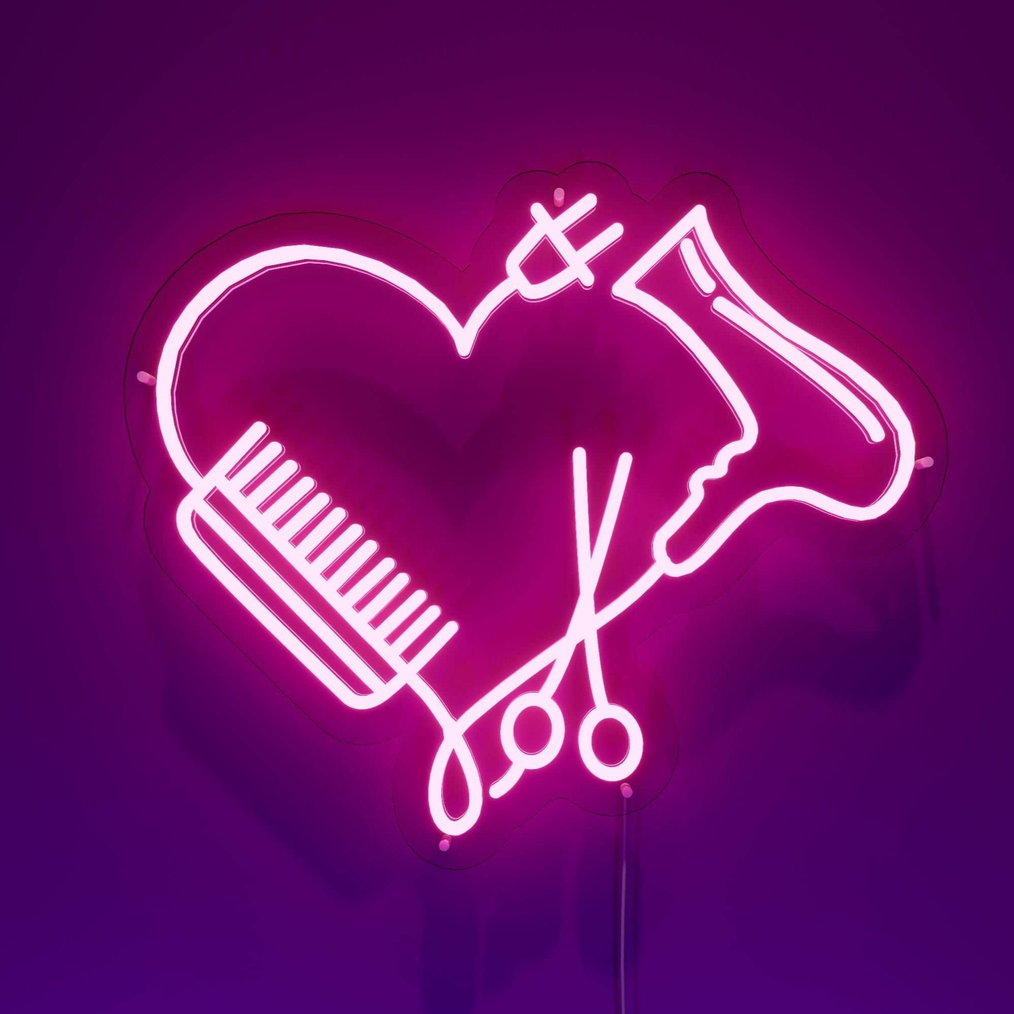 Heart shape open neon sign glowing in barber shop