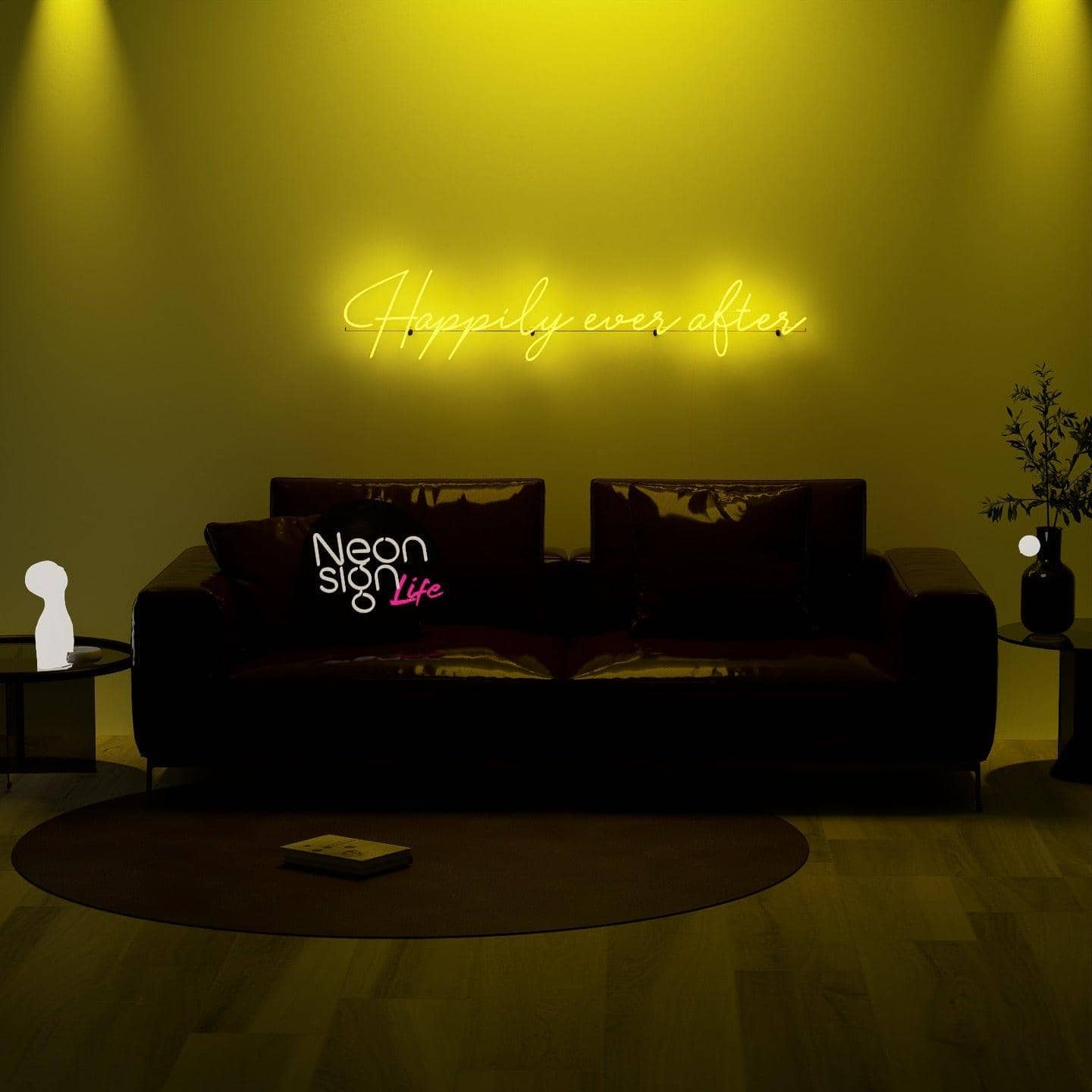 frontal-shot-of-lit-yellow-neon-lights-hanging-for-display-in-living-room-happily-ever-after