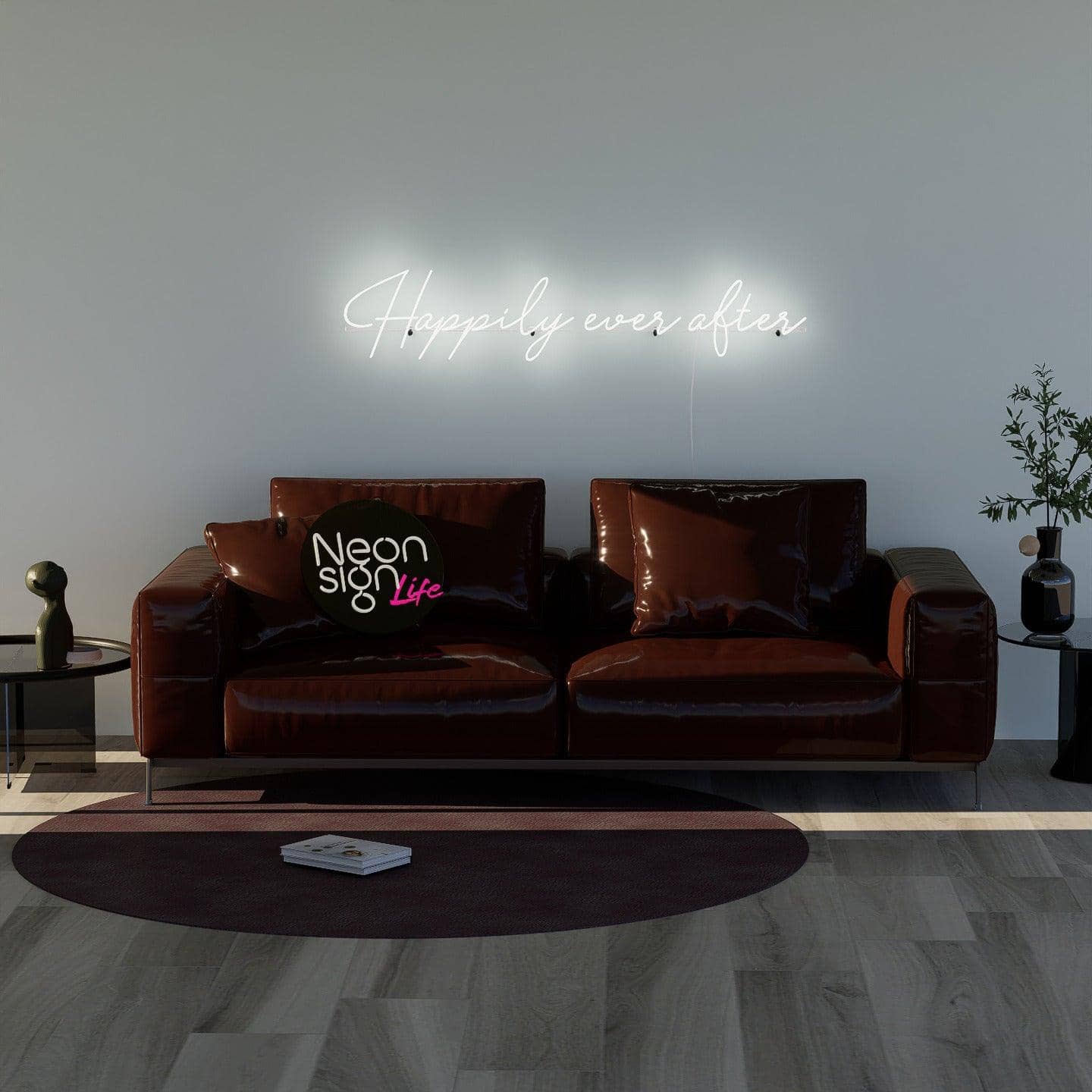 frontal-shot-of-lit-white-neon-lights-hanging-for-display-in-living-room-happily-ever-after