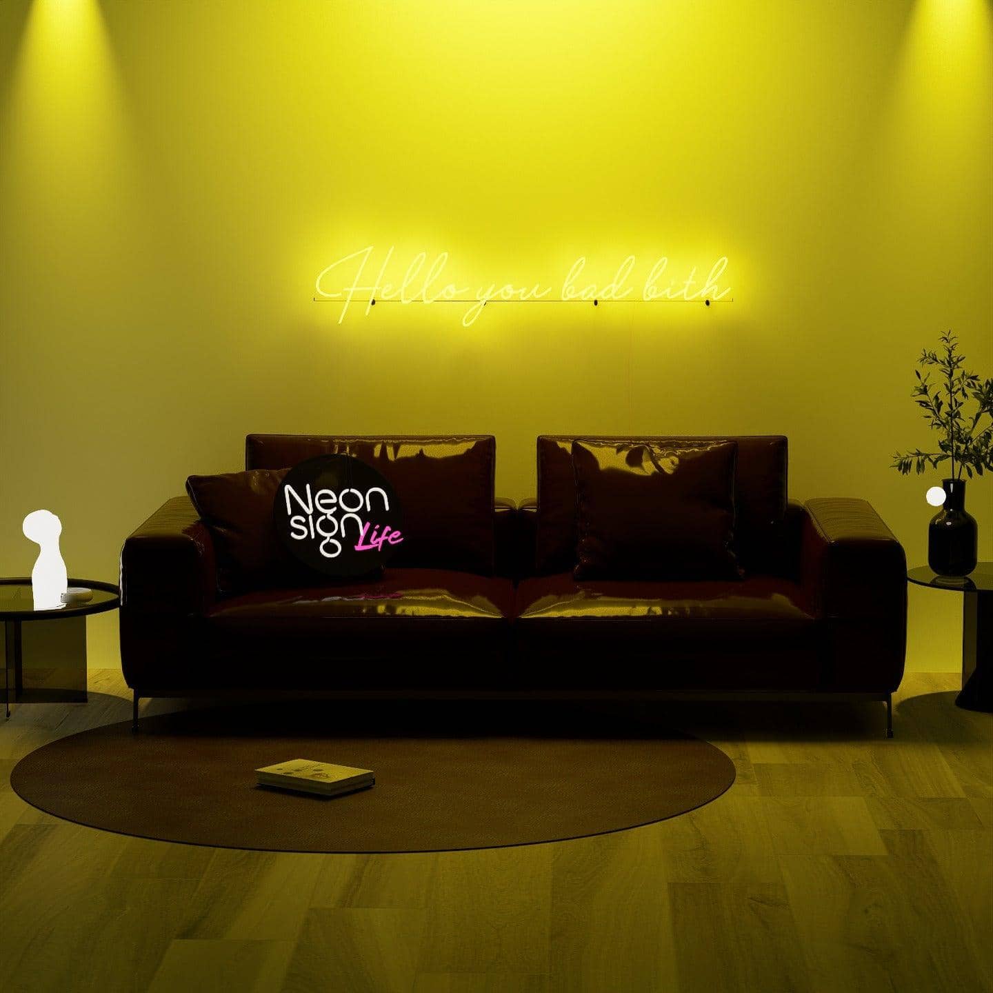 night-shot-with-golden-neon-lights-hanging-on-the-wall-for-display-hello-you-bad-bith