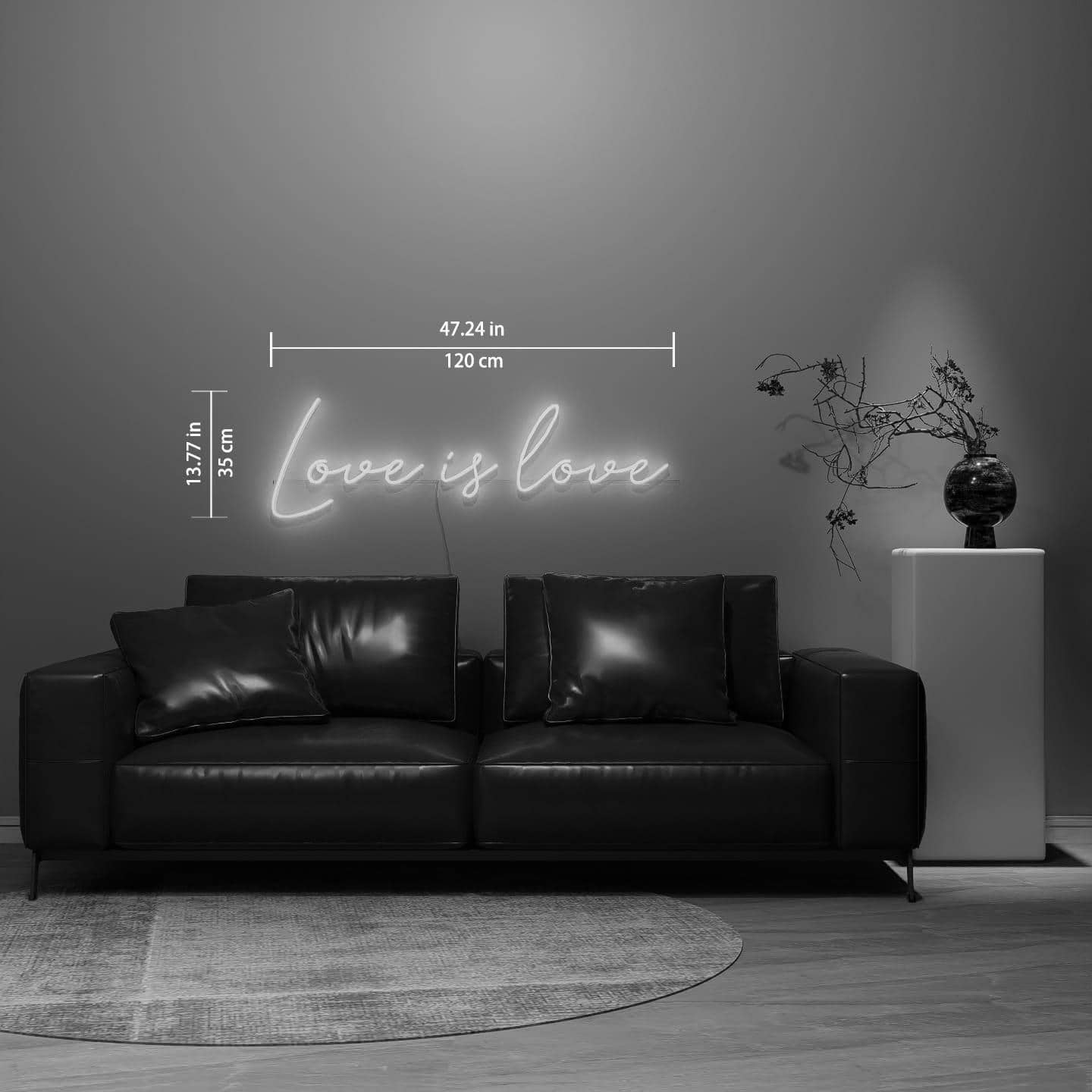 dark-night-shot-of-illuminated-white-neon-light-size-chart-hanging-on-the-wall-for-display-love-is-love