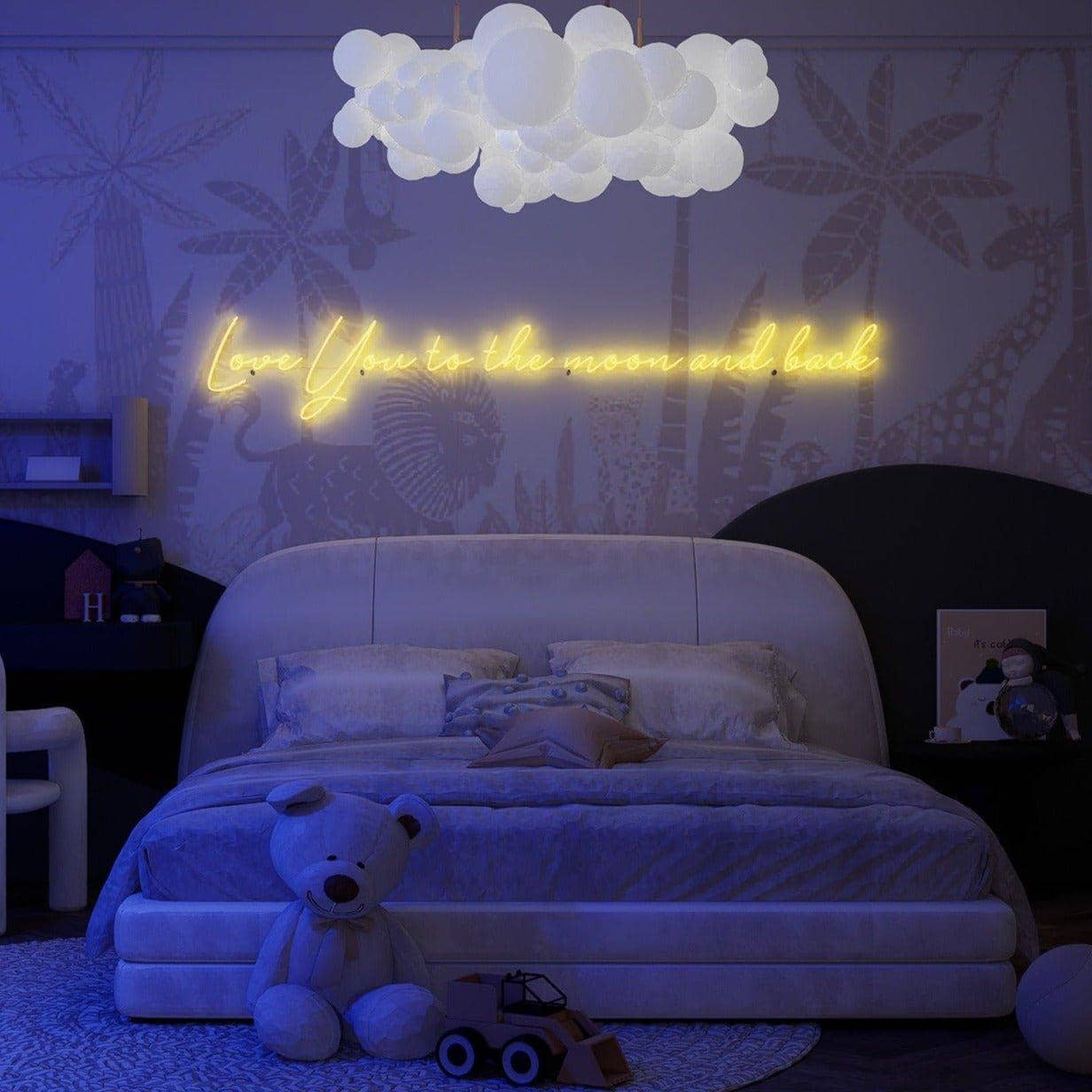 night-shot-of-lit-yellow-neon-lights-hanging-on-display-in-bedroom-love-you-to-the-moon-and-back