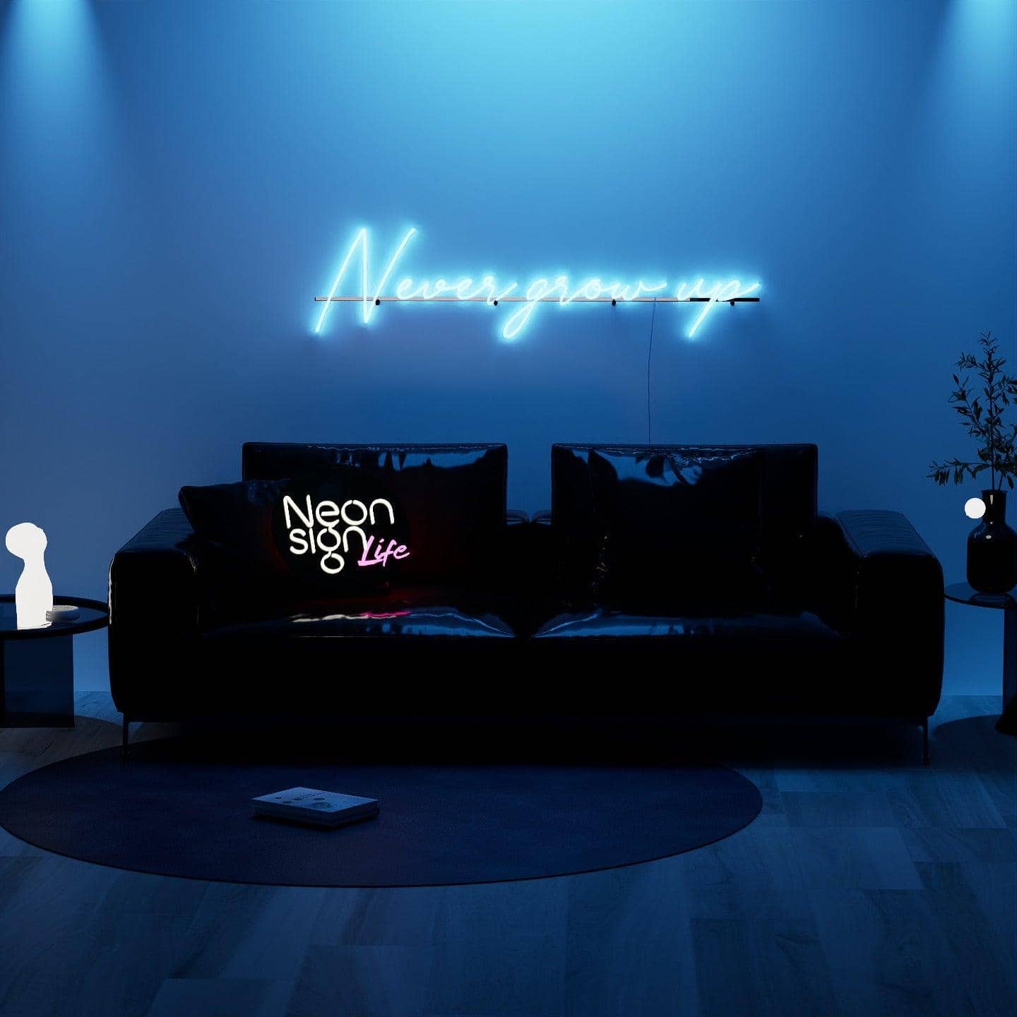 dark-night-lit-blue-neon-lights-hanging-on-the-wall-for-display-never-grow-up
