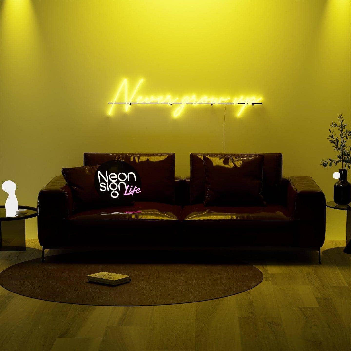 golden-neon-lights-illuminated-in-the-dark-and-hung-on-the-wall-for-display-never-grow-up