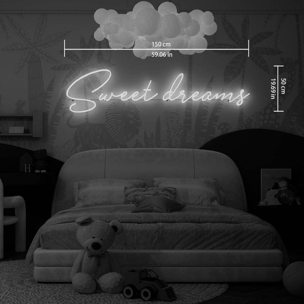 dark-night-lit-white-neon-light-size-chart-hanging-in-bedroom-Sweet-dreams