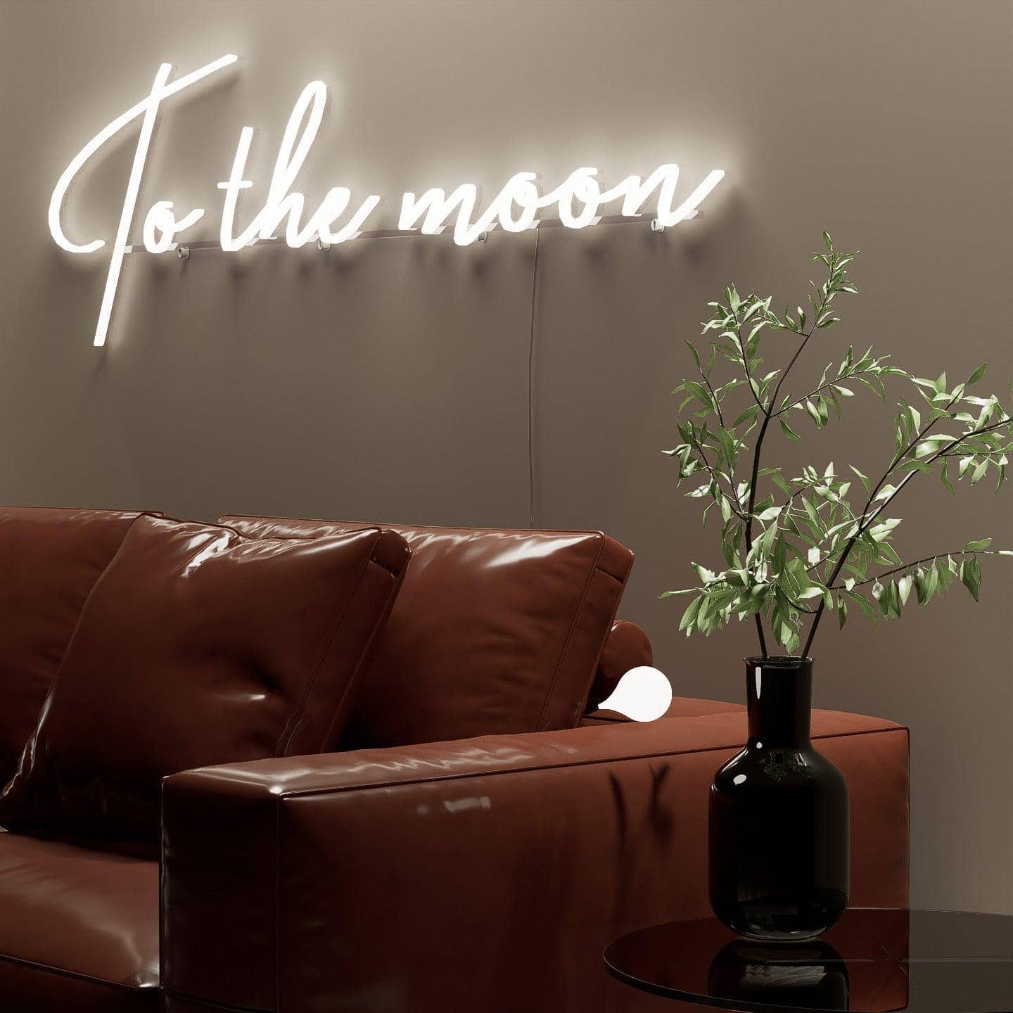 Side shot of lit white neon hanging on wall-to the moon