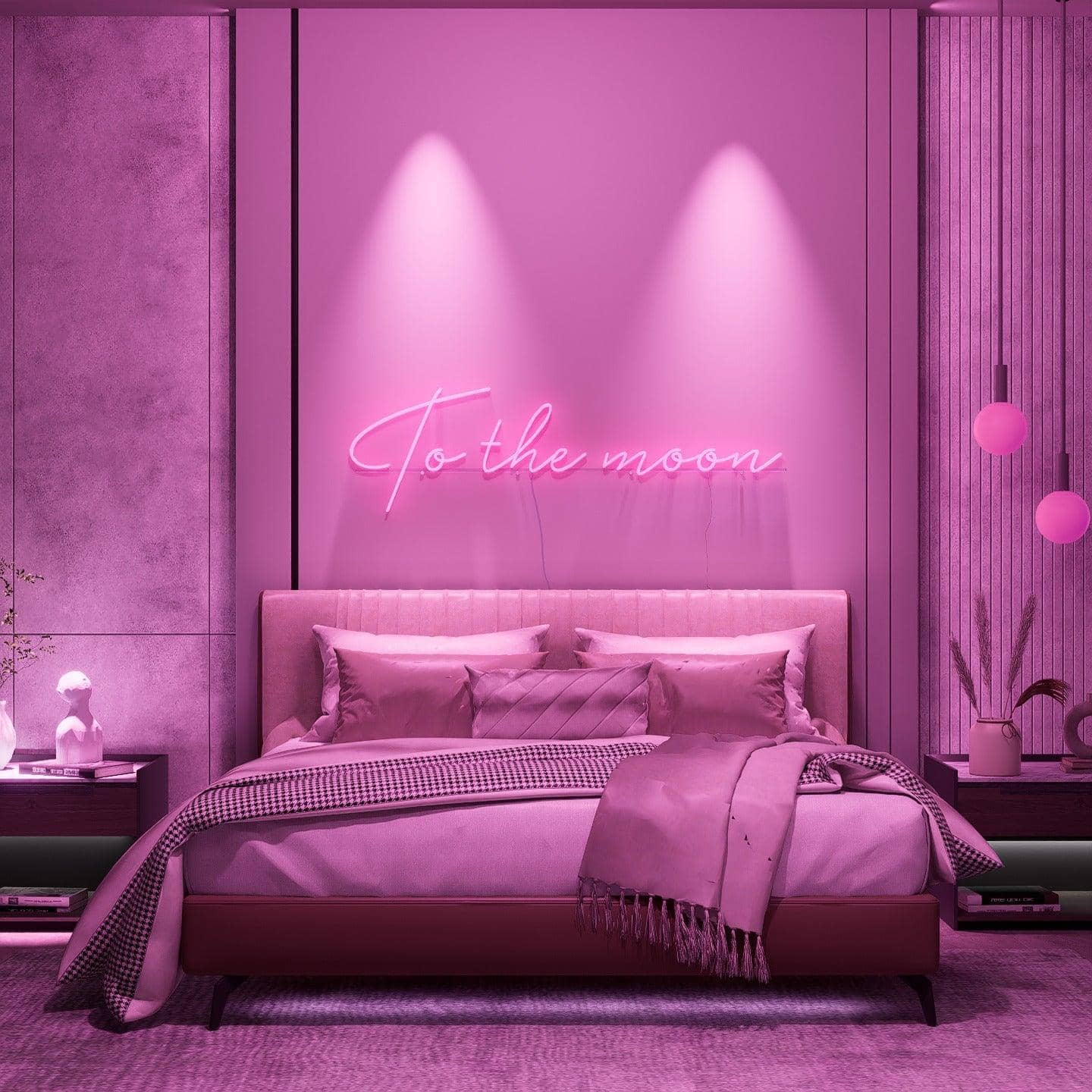 Light up pink neon lights hanging on the bedroom at night-to the moon