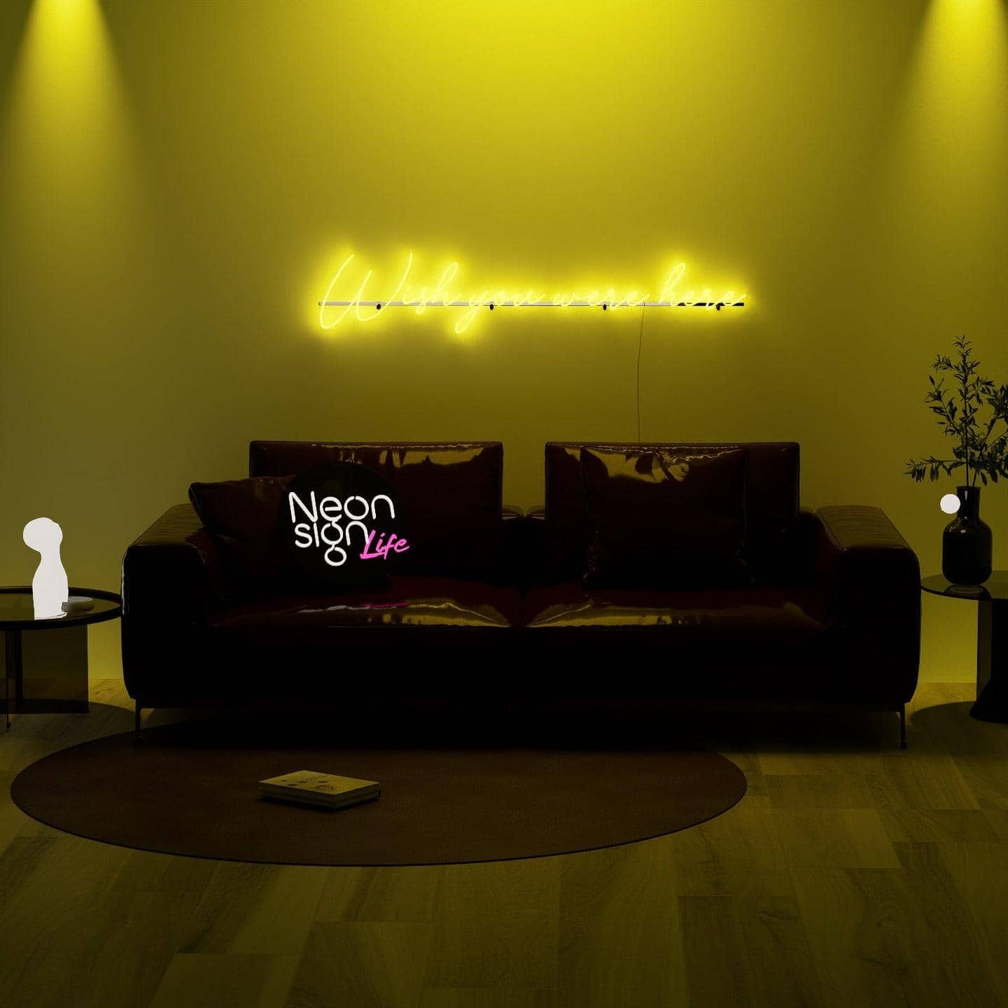 lit-yellow-neon-light-hanging-on-wall-at-night-wish-you-were-here